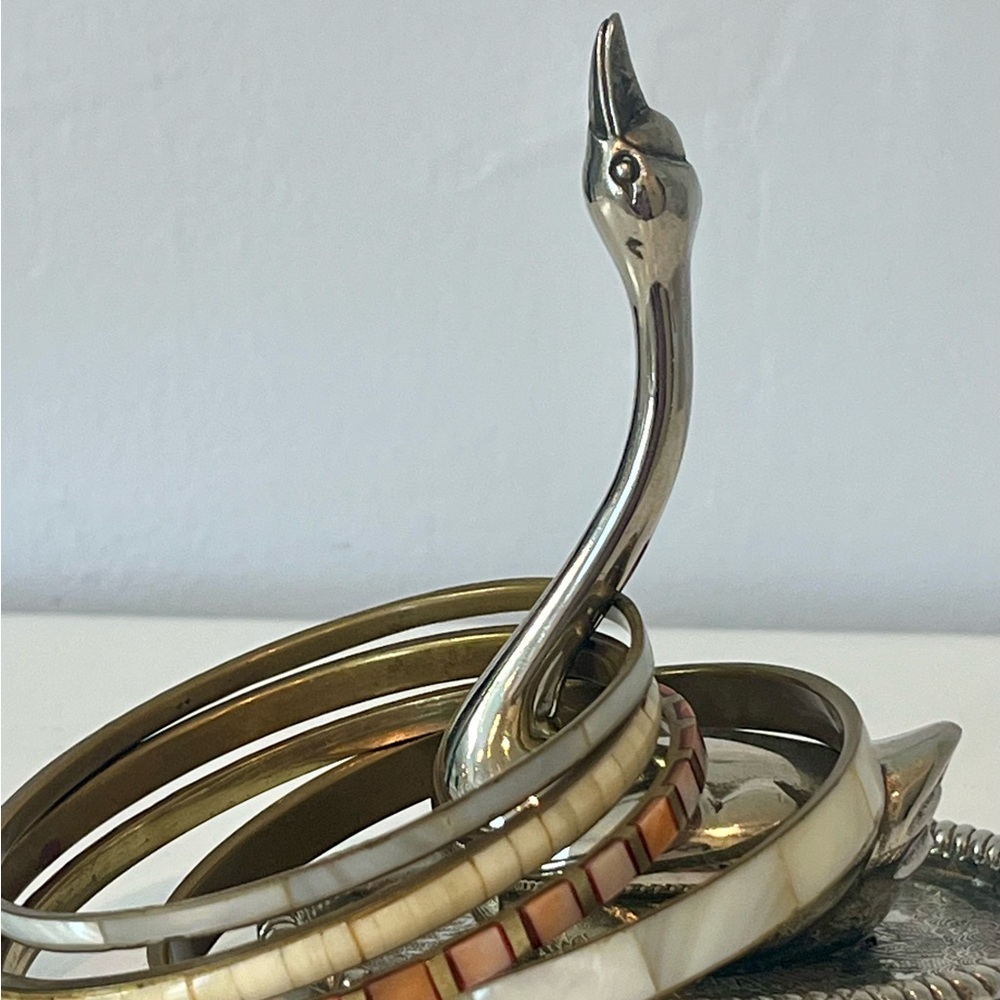 Beautiful Vintage Stack of 4 Brass & Shell Inlaid Bangles